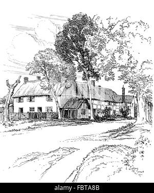 UK, England, Oxfordshire, Steventon, village, thatched, houses beside road in 1911, line illustration by Sydney R Jones Stock Photo