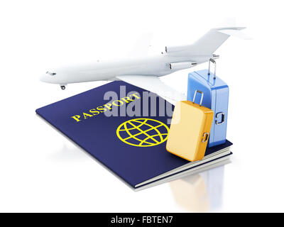 3d renderer illustration. Airplane, passport and travel suitcases. Airline travel concept. Isolated white background Stock Photo
