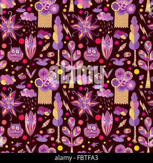 Seamless vector children illustration in sketch style with trees, flowers clouds and owl Stock Vector