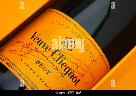 Tambov, Russian Federation - August 16, 2015 Bottle of Champagne Veuve Clicquot Brut in box. Studio shot. Stock Photo