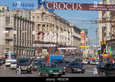 Traffic on Tverskaya Street, Moscow, Russia Stock Photo