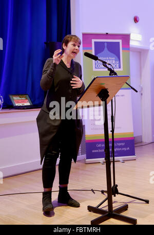 The Brighton and Hove Chamber of Commerce The Big Debate on 'Should the EU be More Business Friendly?' held at the Brighthelm Centre in Brighton with speakers Caroline Lucas the Green MP for Brighton Pavilion and Conservative MEP Daniel Hannan Photo shows Caroline Lucas speaking - Credit Simon Dack/Vervate/Alamy Live News Stock Photo