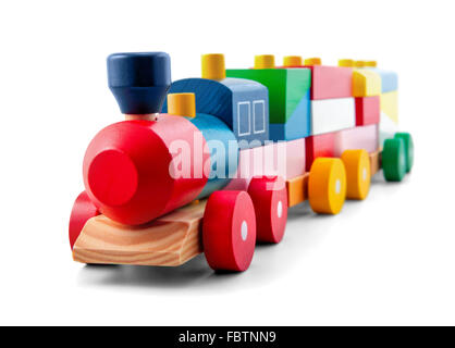 Wooden toy train with colorful blocs isolated over white Stock Photo