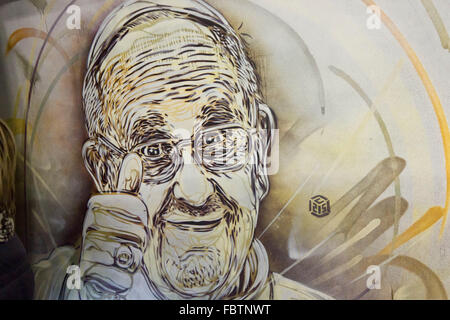ROME, ITALY - DECEMBER 31 2014: Mural of Pope Francis by French street artist Christian Guemy, in Rome metro station Stock Photo
