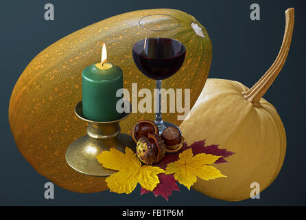 wine, candle, leaves, , chestnuts, pumpkins Stock Photo