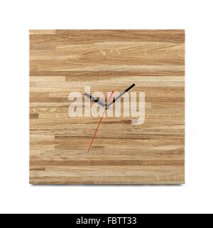 Simple wooden wall watch - Square clock isolated on white background Stock Photo