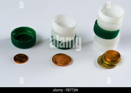 recycle plastic caps, recover money Stock Photo