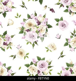 Seamless pattern with purple and white roses and lisianthus flowers. Vector illustration. Stock Vector