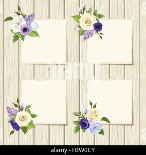 Cards with blue, purple and white flowers on a wooden background. Vector eps-10. Stock Vector