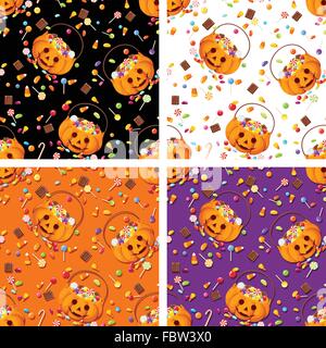 Set of four seamless patterns with Halloween candies. Vector illustration. Stock Vector
