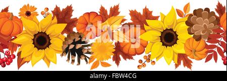 Horizontal seamless background with pumpkins, sunflowers and autumn leaves. Vector illustration. Stock Vector