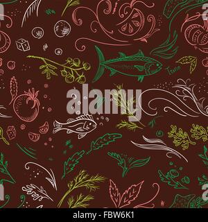 Seamless vector background with hand-painted healthy food essentials Stock Vector