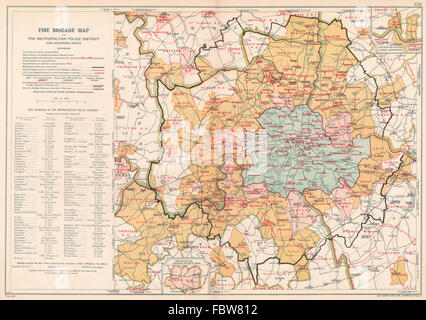 LONDON FIRE BRIGADE. Showing Fire Brigade Stations. Vintage map. BACON, 1927 Stock Photo