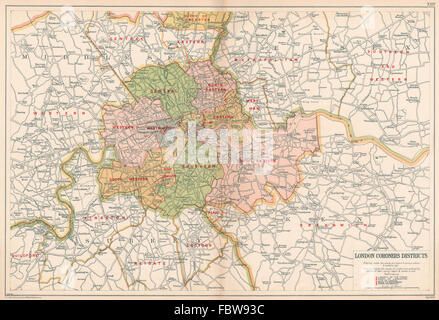 London Coroners Districts. Vintage Map. Bacon 1934 Old Vintage Plan 