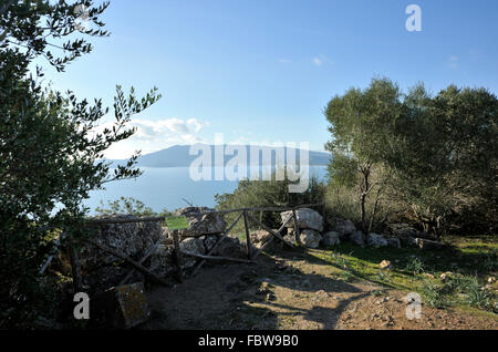Italy, Tuscany, Argentario, Orbetello, Ansedonia, sea and promontory of Monte Argentario seen from the ancient city of Cosa Stock Photo