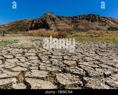 A close-up view of dried out mud flats with large cracks and peeling tops in between flat areas and hill in background. Stock Photo