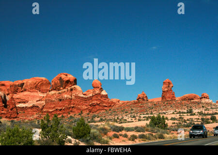 Monoliths of red rock called the Garden of Eden in Arches National Park near Moab Utah, USA Stock Photo