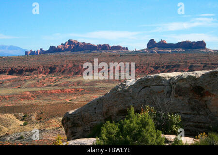 Monoliths of red rock called the Garden of Eden in Arches National Park near Moab Utah, USA Stock Photo