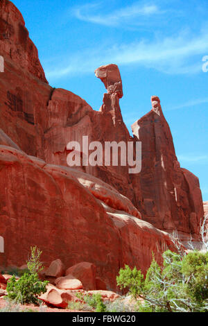 Queen Nefertiti Rock is a classic sandstone hoodoo and famous landmark in Arches National Park in Moab Utah, USA. Stock Photo