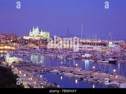 Overview of the harbour and the city, night view. Palma de Mallorca, Balearic Islands, Spain. Stock Photo