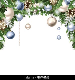 Christmas background with blue and silver balls, cones, fir branches, holly and mistletoe. Vector eps-10. Stock Vector