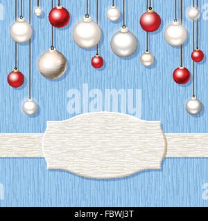 Christmas blue wooden background with red and silver balls. Stock Vector