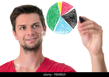 Young man drawing a pie chart Stock Photo