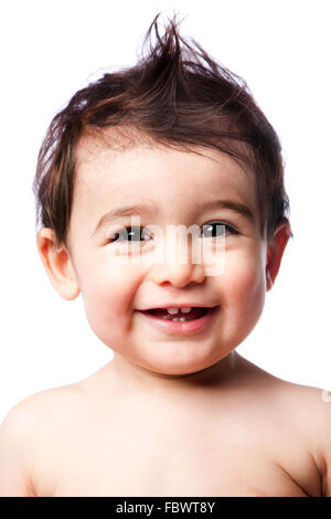 Teething baby toddler with hairstyle Stock Photo