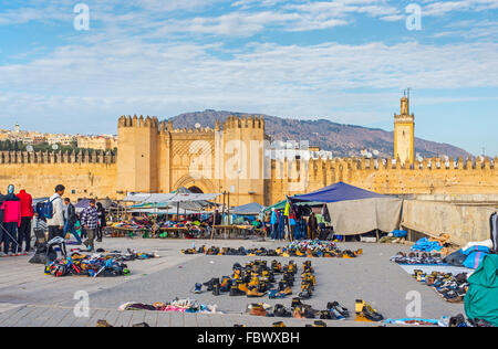 Market in Bab Chorfa at sunset, view from Bou Jeloud square. Bab Chorfa is a gate to ancient Fez El Bali Medina. Fez, Morocco. Stock Photo