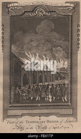 Temporary London Bridge set on fire by disgruntled ferry man 1758. HARRISON 1775 Stock Photo