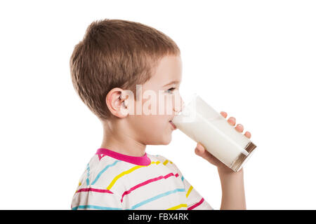 Smiling child boy drinking milk Stock Photo