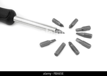 close up screwdriver and changeable head set, isolate white background Stock Photo