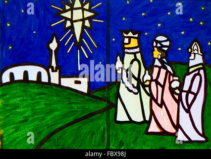 Painting Of The Nativity Three Wise Men Bearing Gifts For Baby Jesus ...