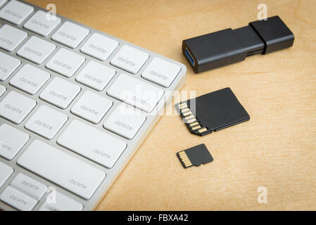 close up wireless keyboard with many delete buttons and three types of memory storage, SD, mini SD, flash drive Stock Photo