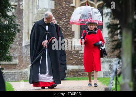 The Queen at Sandringham Church on December 25, 2015 near King's Lynn, Norfolk, for the Christmas Day Service. Stock Photo