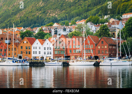 Bergen, Norway - August 3, 2014: View of historical buildings in Bergen, Norway. UNESCO World Heritage Site. Bryggen is the Hans Stock Photo