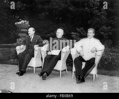 Potsdam Conference, August 1945. British Prime Minister Clement Attlee, US President Harry S Truman, and Soviet Premier Joseph Stalin at the Potsdam Conference (previously referred to as the Berlin Conference) on August 1st 1945 Stock Photo