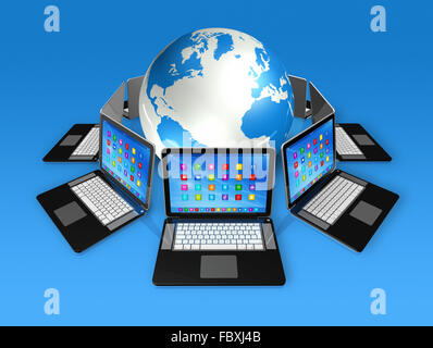 Laptop Computers around World Globe Stock Photo