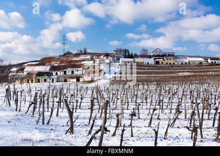 Snow covered wine cellars and vineyards on Mittelberg's Kellergasse in the Kamptal wine growing area of Lower Austria Stock Photo