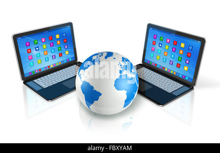 Laptop Computers around World Globe Stock Photo