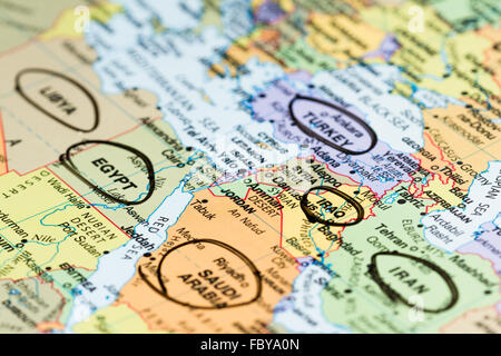 Close up of a world map focused on different countries in the middle east as a concept Stock Photo