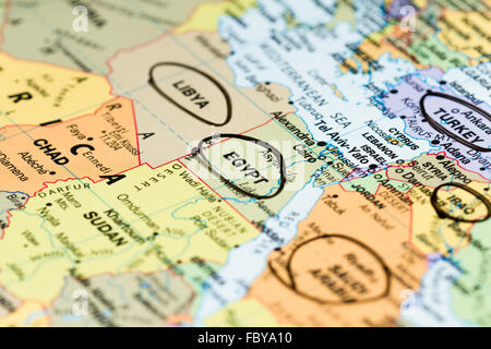 Close up of a world map focused on different countries in the middle east as a concept Stock Photo