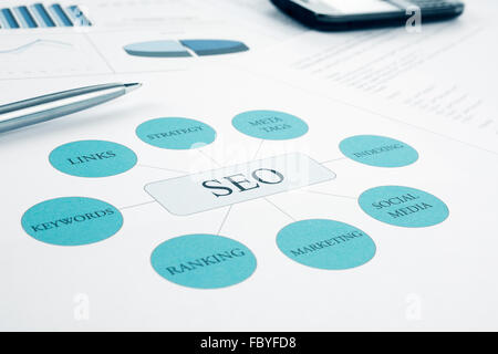 Seo business, search engine optimization concept flow chart. Pen and smartphone on background. Blue Toned Stock Photo