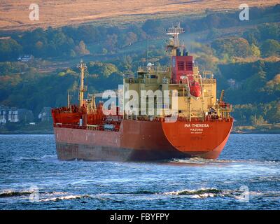 The chemical/oil tanker Ina Theresa after passing Cloch Point in Gourock. Stock Photo