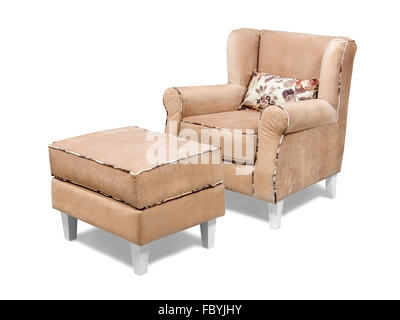 Modern velvet armchair with ottoman tabouret isolated on white with clipping path Stock Photo