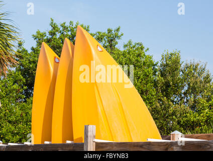 Prows or front of three plastic kayaks or canoes Stock Photo