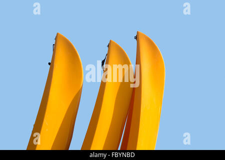 Prows or front of three plastic kayaks or canoes Stock Photo