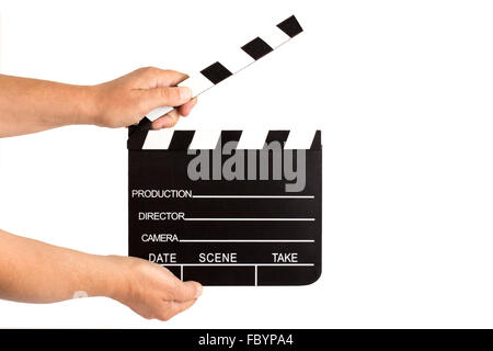 Hands holding clapperboard Stock Photo