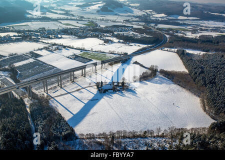 Aerial view, highway bridge A46 Wennemen with snow and long shadows, Meschede, Sauerland, North Rhine-Westphalia, Germany,Europe Stock Photo