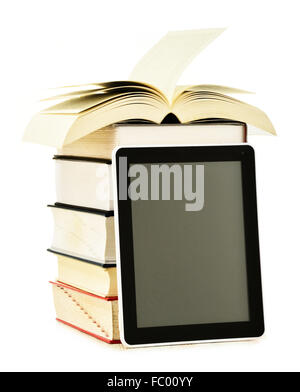 Composition with books and tablet computer isolated on white background Stock Photo